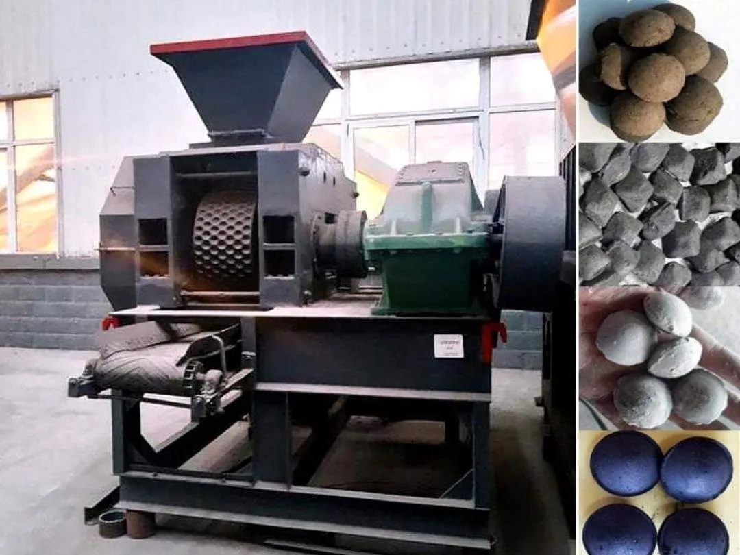 Roller briquetting press, with several sample briquettes